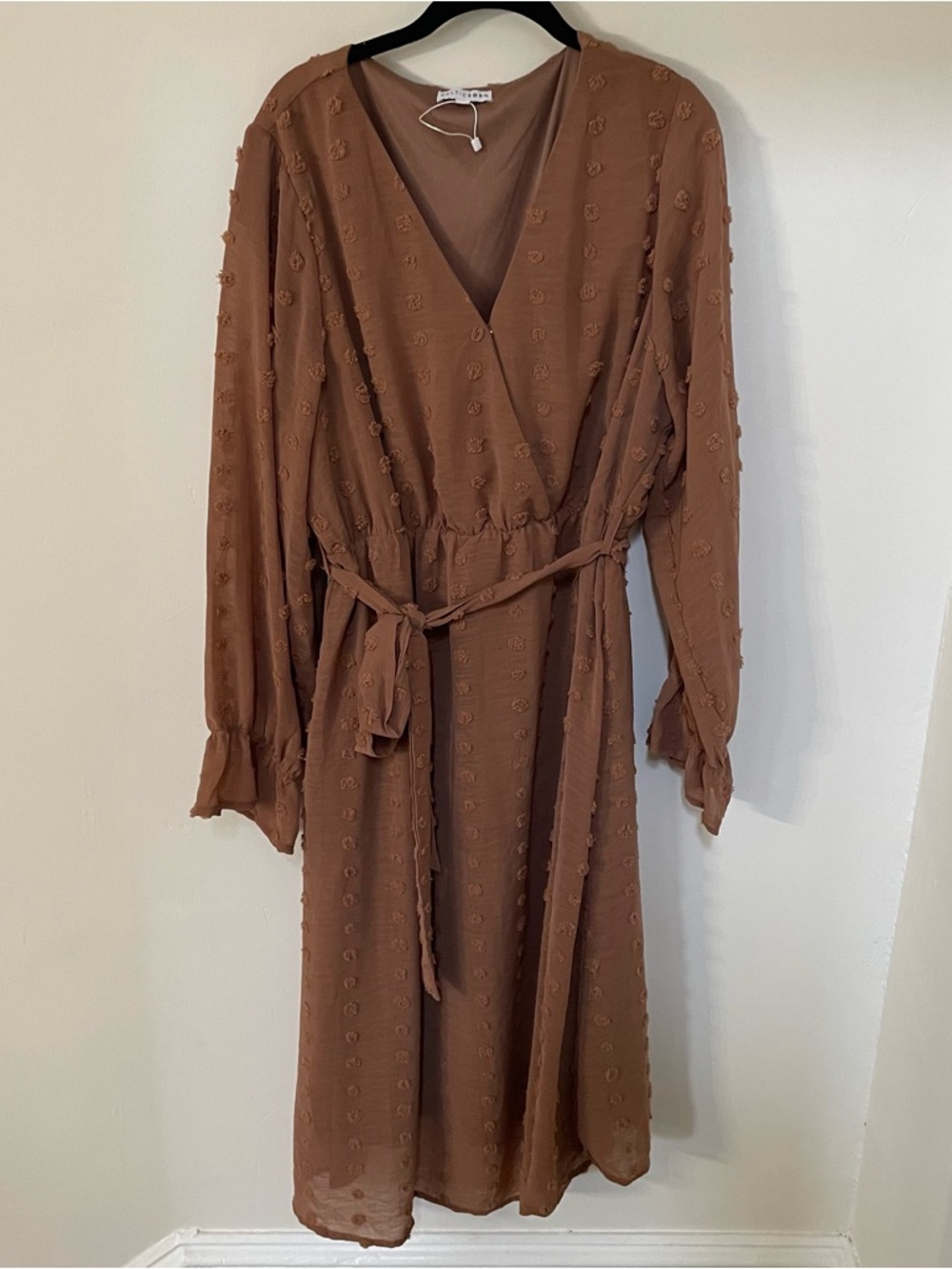 NWOT Baltic Born Brown Camel Swiss Paisley Dot Midi Long Sleeve Dress 1X - Picture 3 of 6